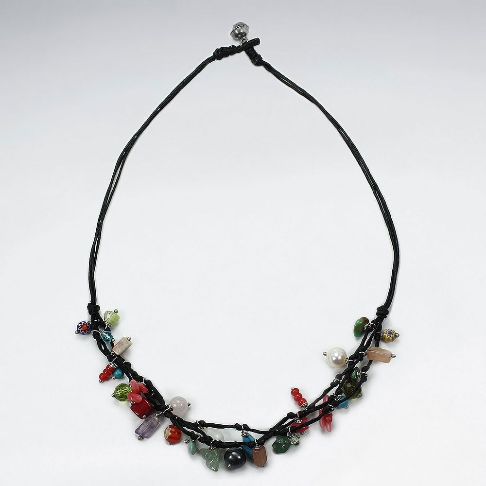 Bold Designs Black Waxed Cotton Mixed Stone Necklace