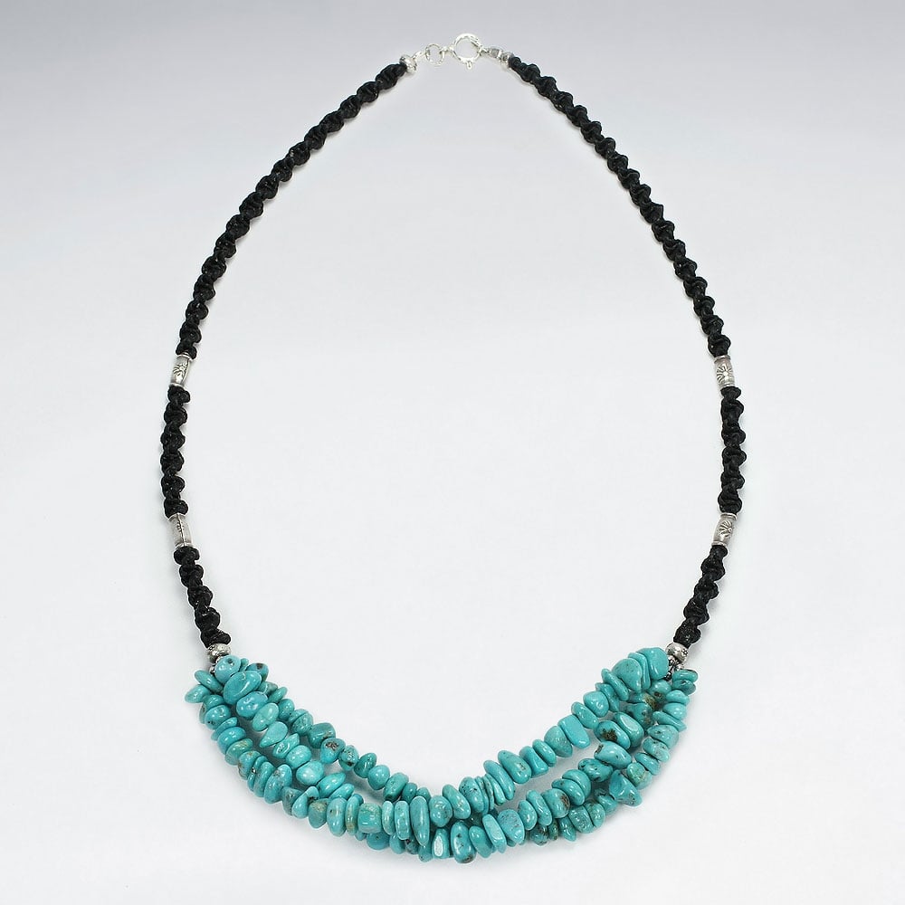 Waxed Cotton Black Bead & Charm Turquoise Multi Strand Necklace