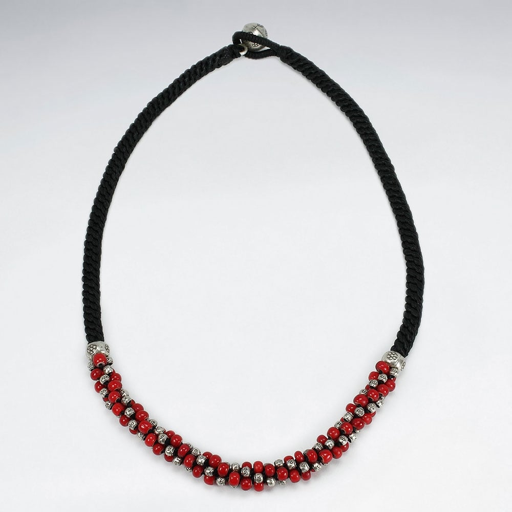 Waxed Cotton & Red Beads Twist Necklace