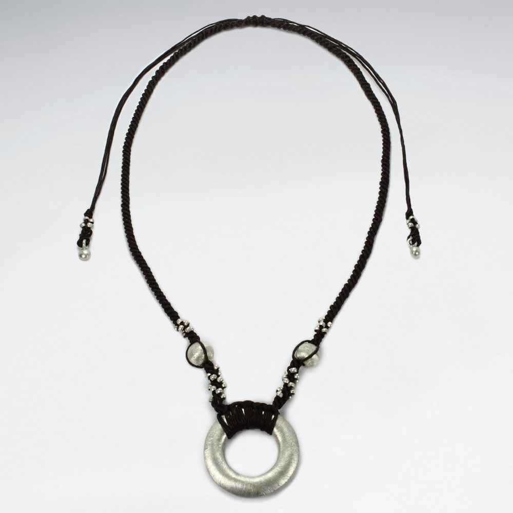 Waxed Cotton Open Circle Disc Beaded Necklace