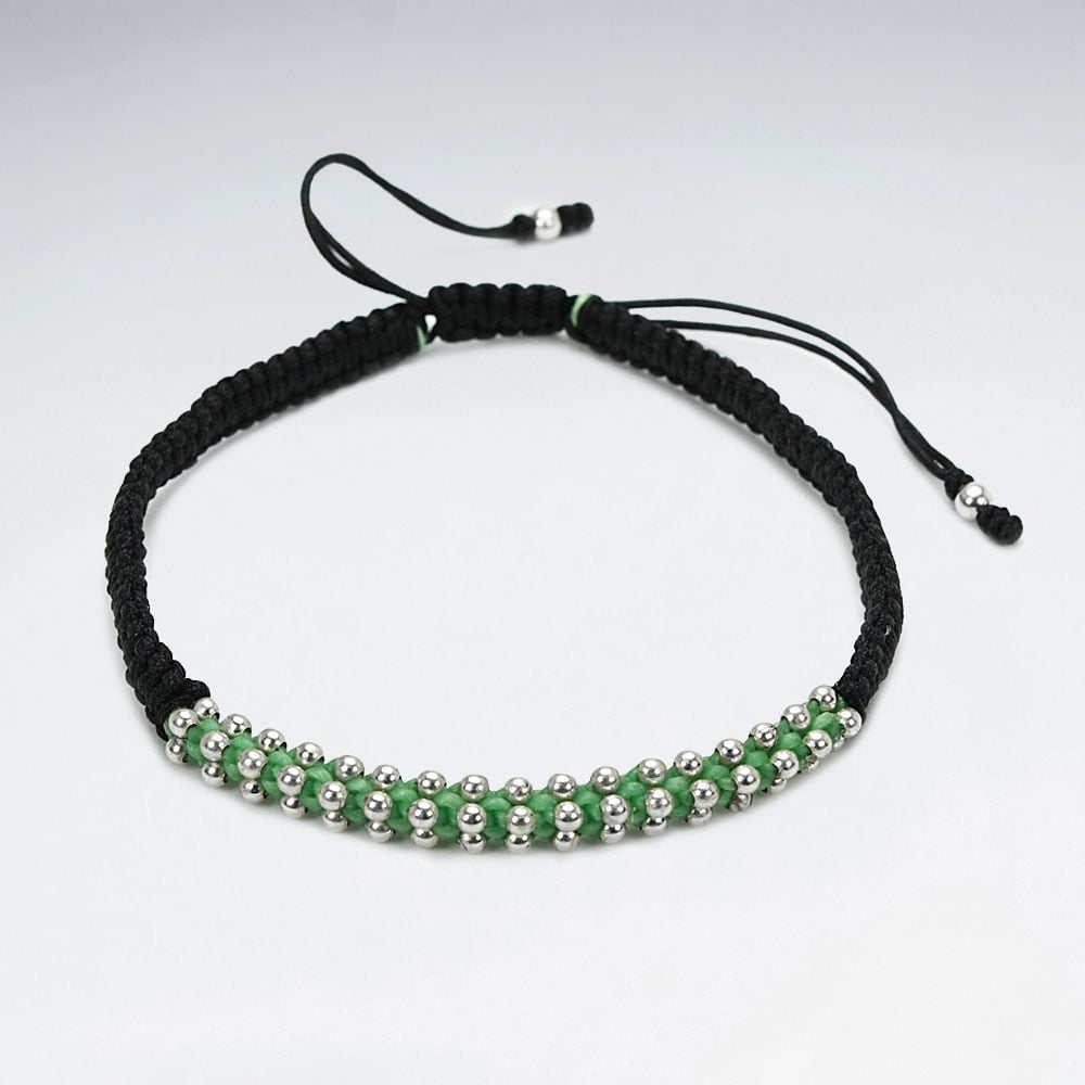 Black Nylon & Green Waxed Cotton Bead Bracelet