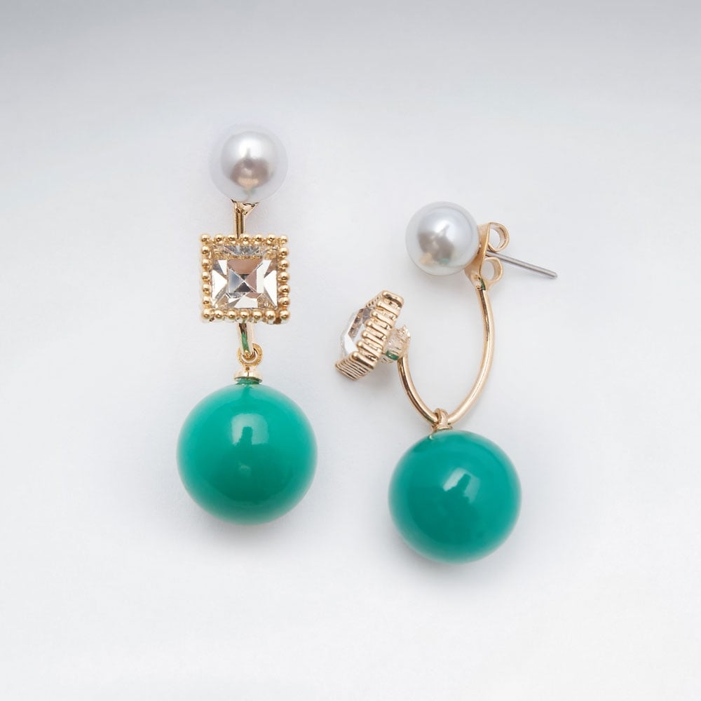 Ball Drop Bead Stud and Square Cut Brass Earrings