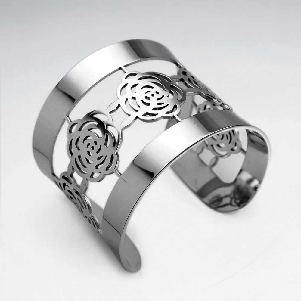 Stainless Steel Openwork Roses Cuff Bangle