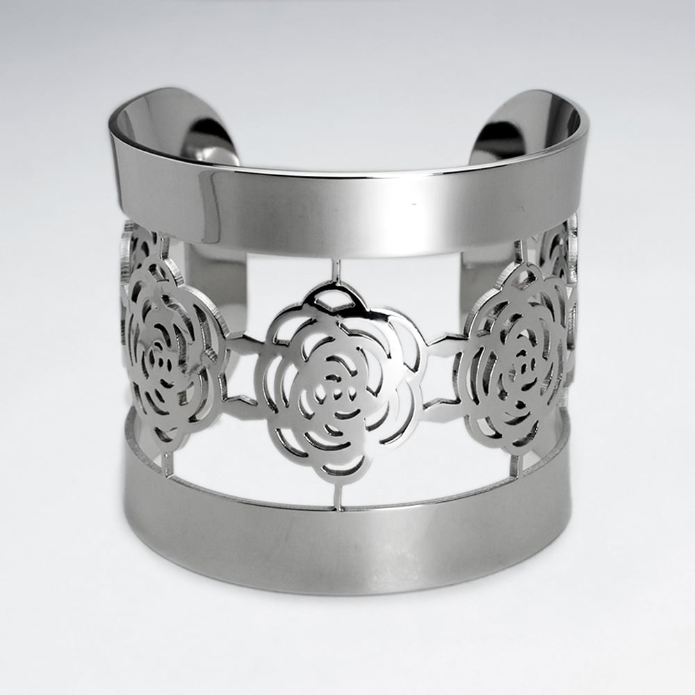 Stainless Steel Openwork Roses Cuff Bangle