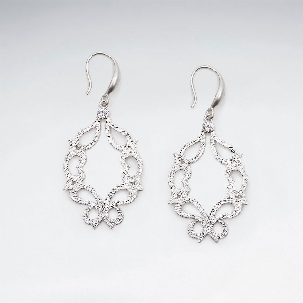 Sophisticated Butterfly & Hearts Cutout Dangle Hook Crystal Brass Earrings