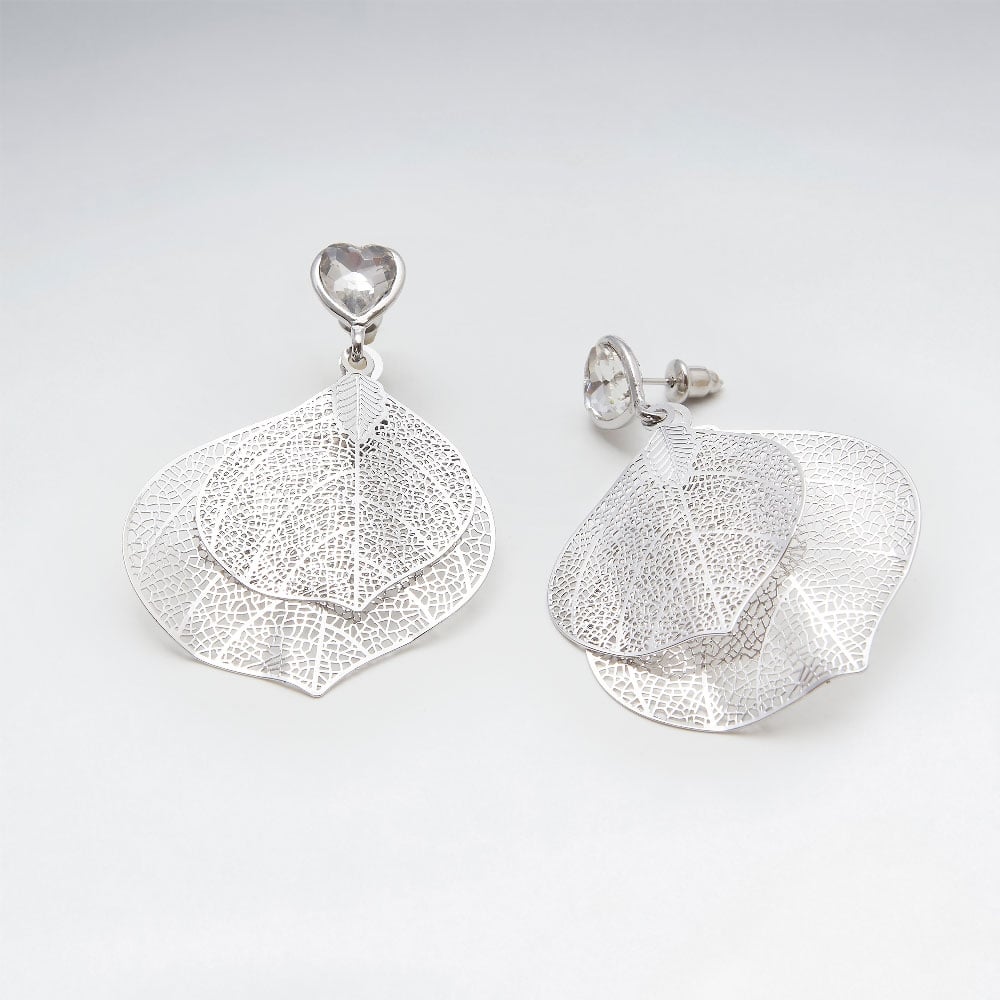 Crystal Studded Ethereal Double  Leaf Dangle Brass Earrings