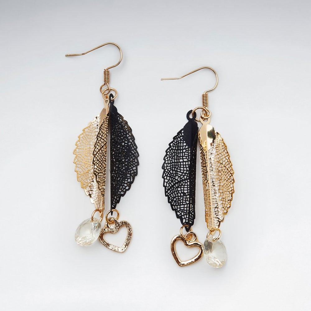 Bold Duel Hues Crystal Adorned  Leaf Dangle Hook Brass Earrings