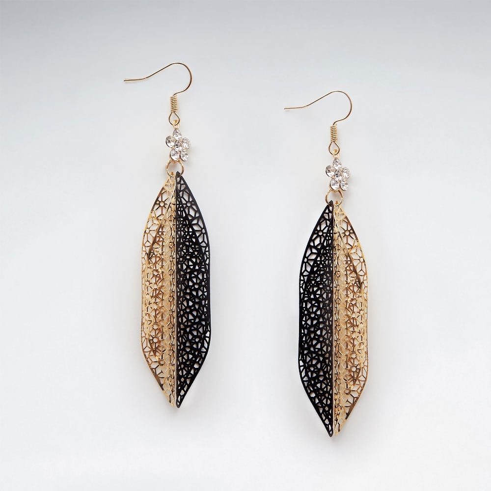 Brass & Black Tone Crystal Adorned Dangle Hook Earrings
