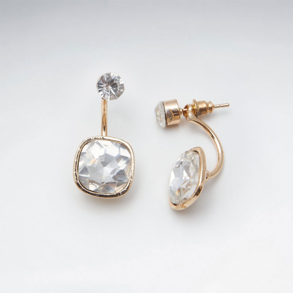 Glitzy Square Cut Faceted Crystal Drop Stud Brass Earrings