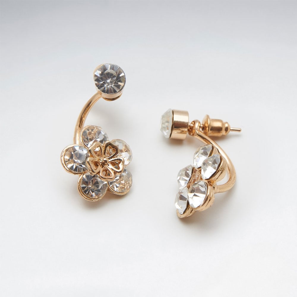 Crystal Flowers Drop Stud Brass  Earrings