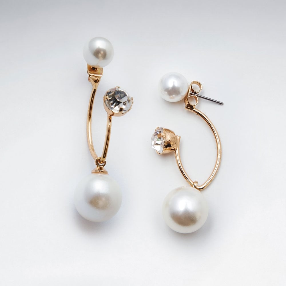 Faux Pearl & Crystal Duets Stud Drop Brass Earrings