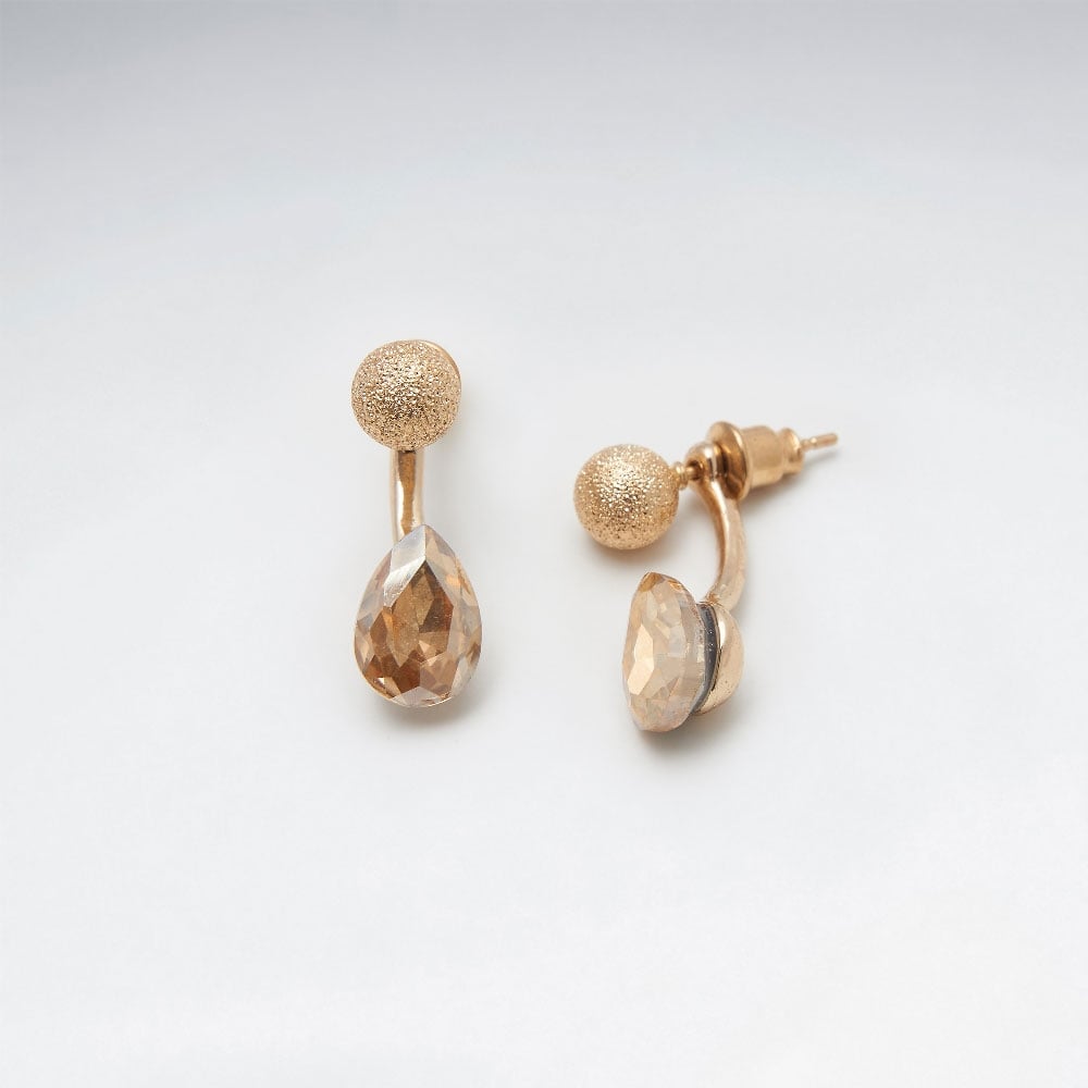 Teardrop Faux Gemstone and Ball Accented Stud Drop Brass Earrings