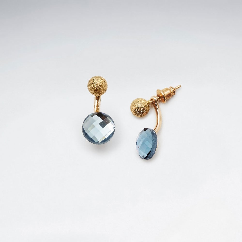 Faceted Gemstone Round Cut Drop Stud Brass Earrings
