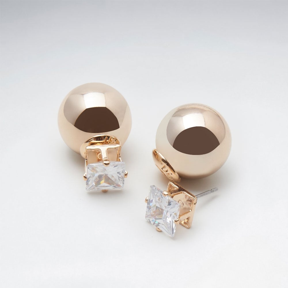 Gold Tone Ball and Square Cut Crystal Stud Brass Earrings
