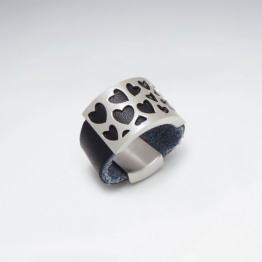 Stainless Steel Open Hearts Leather Ring