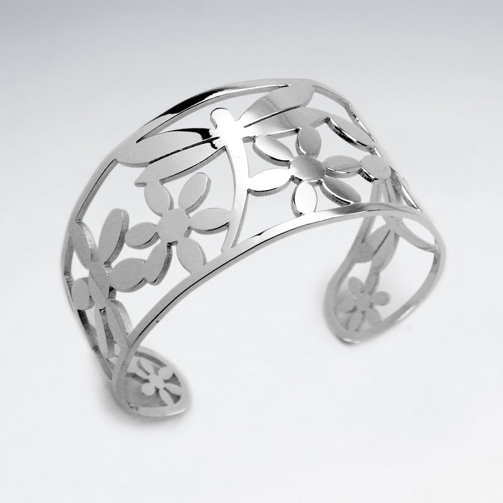 Stainless Steel Openwork Dragonfly Floral Bangle Bracelet