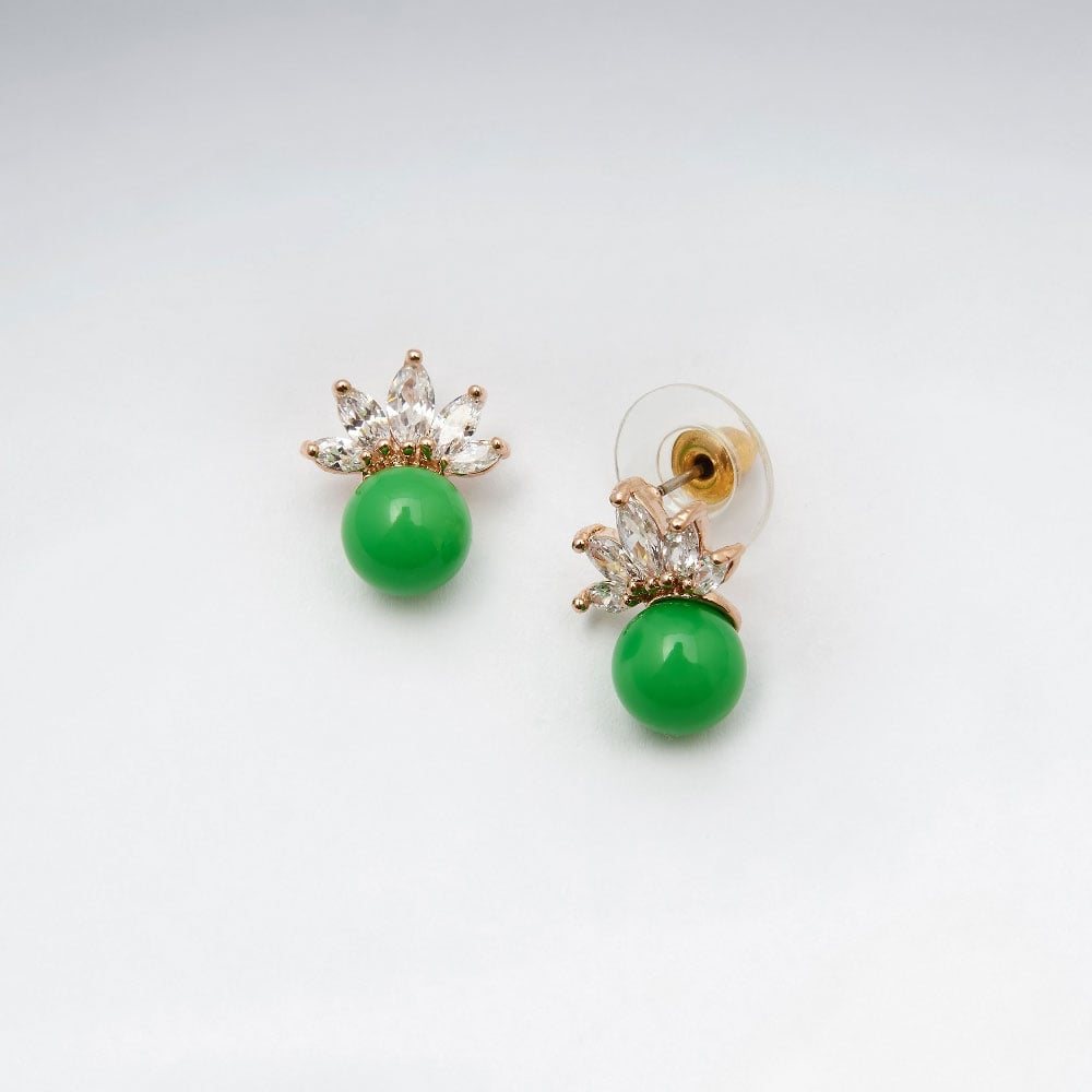 Brass Crowning Crystal Bead Stud Earrings