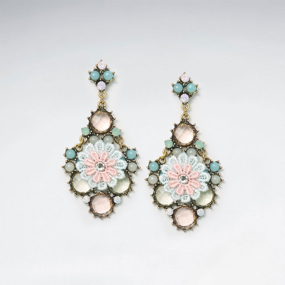 Nature's Brilliant Beauty Ornate Brass Mixed Color Crystal Flower Earring