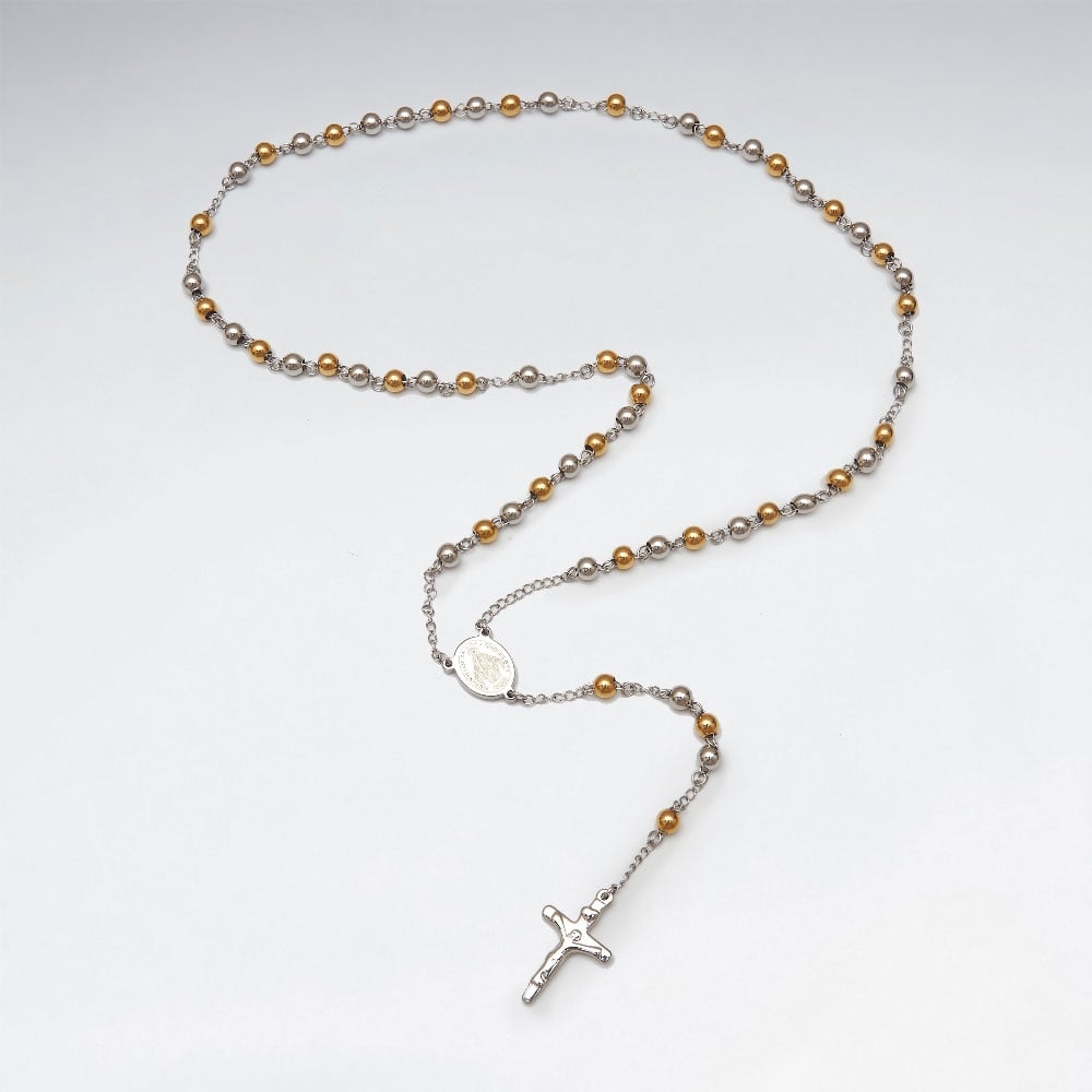 26" Stainless Steel Silver & Yellow Beaded Cross Necklace