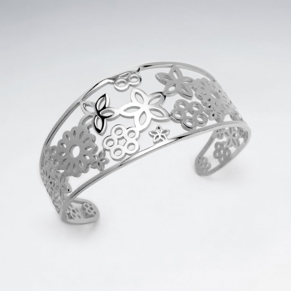 Stainless Steel Openwork Flower Burst Bangle Bracelet