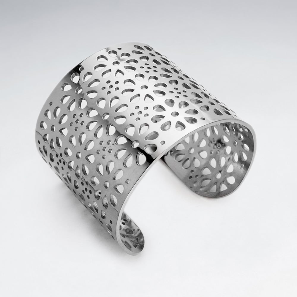 Stainless Steel Perforated Flowers Wide Cuff Bangle