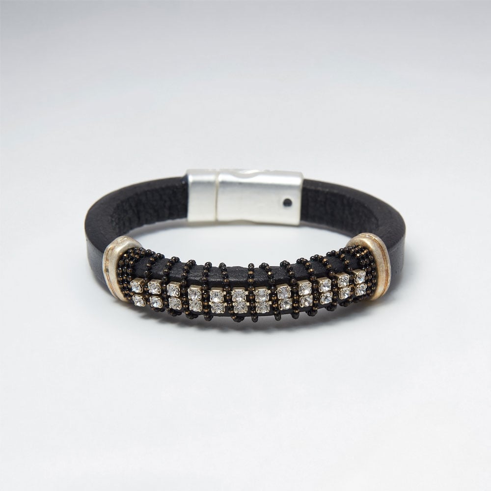 Brass & Crystal Studded Leather Bracelet