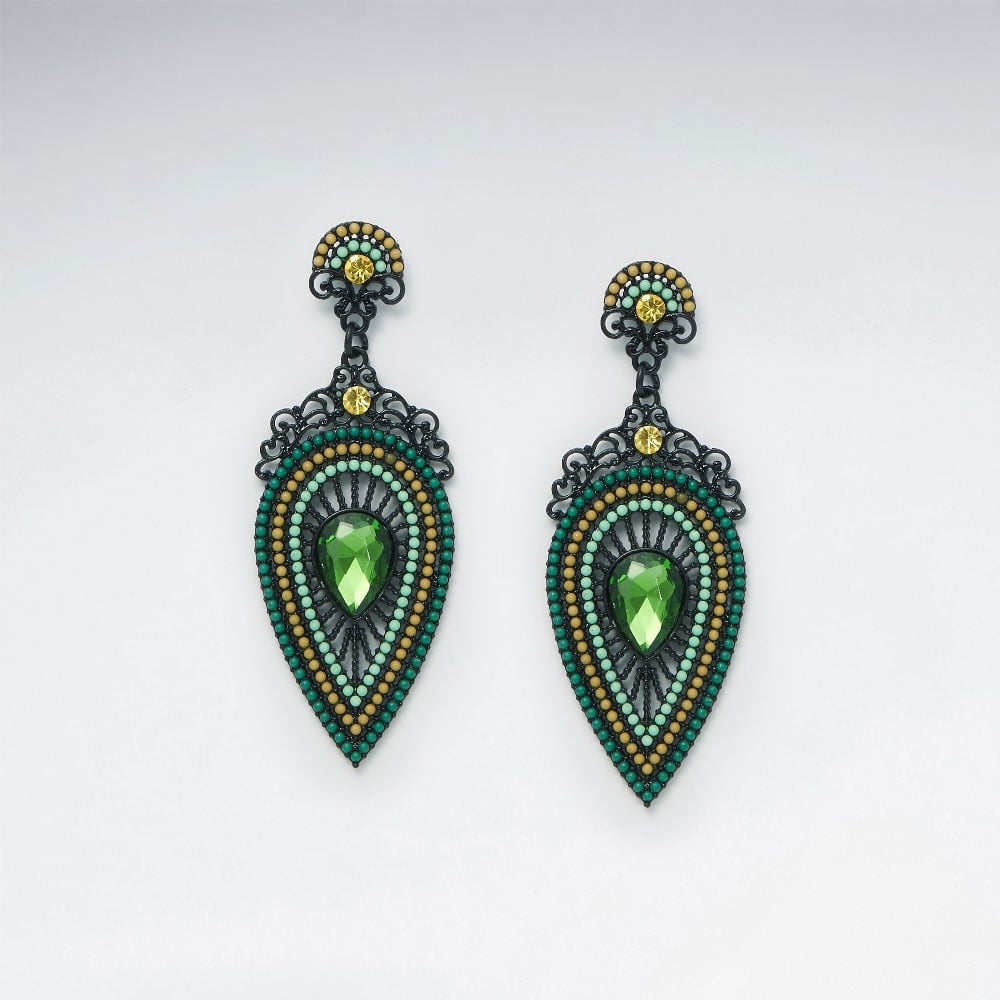 Peacock's Plume Glass Beaded Brass Drop Earrings