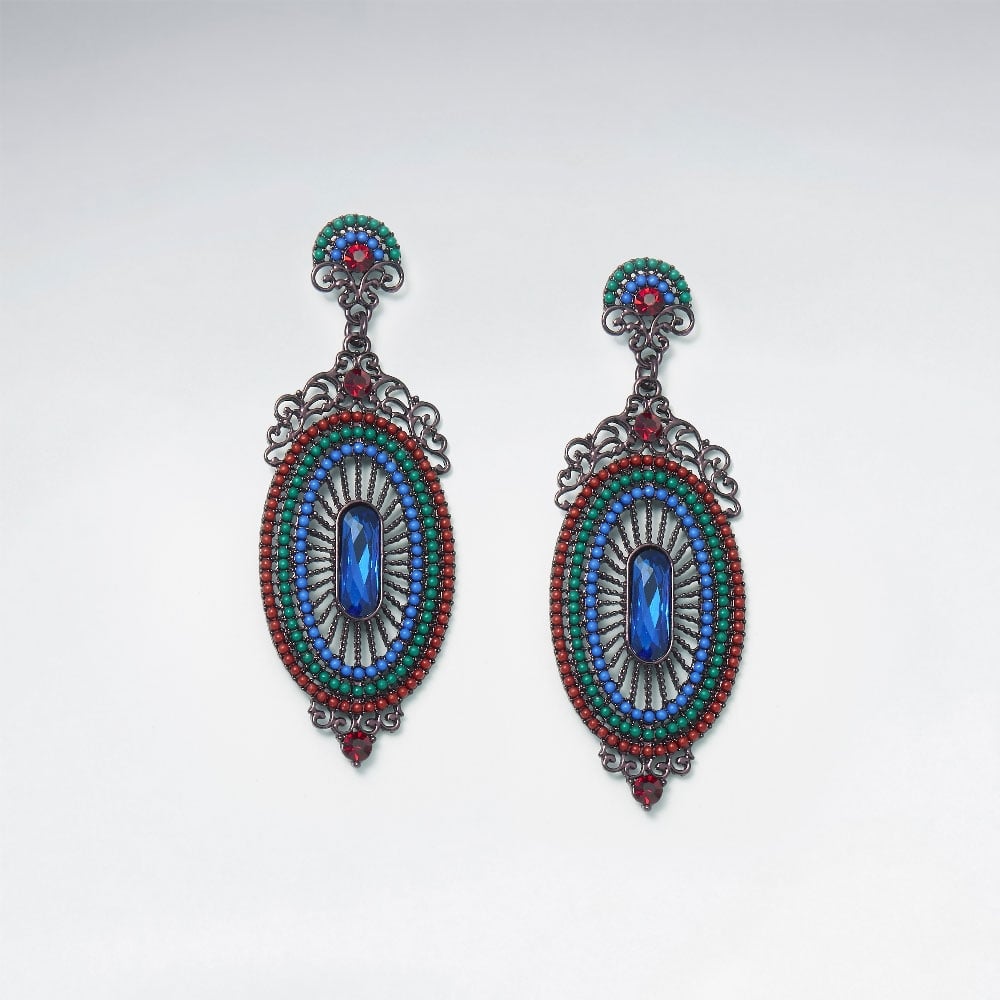 Empress Ornate Brass Glass Bead Oval Drop Earring