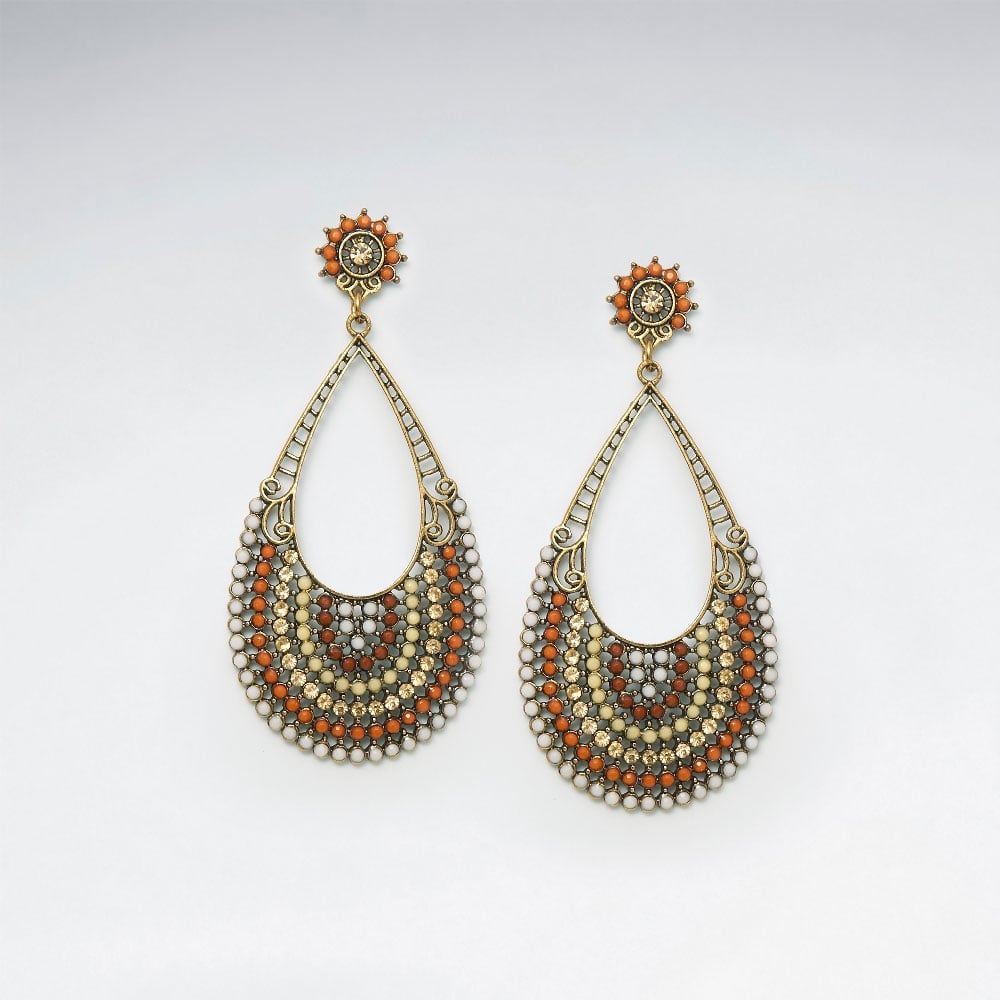 Vintage Brass Artisan Gold Mixed Glass Bead Earrings