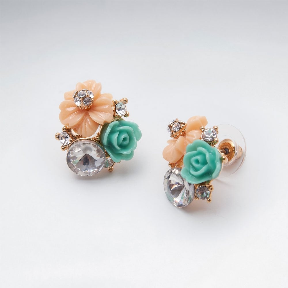 Brass Flower Bouquet Mixed Color Crystal Earrings