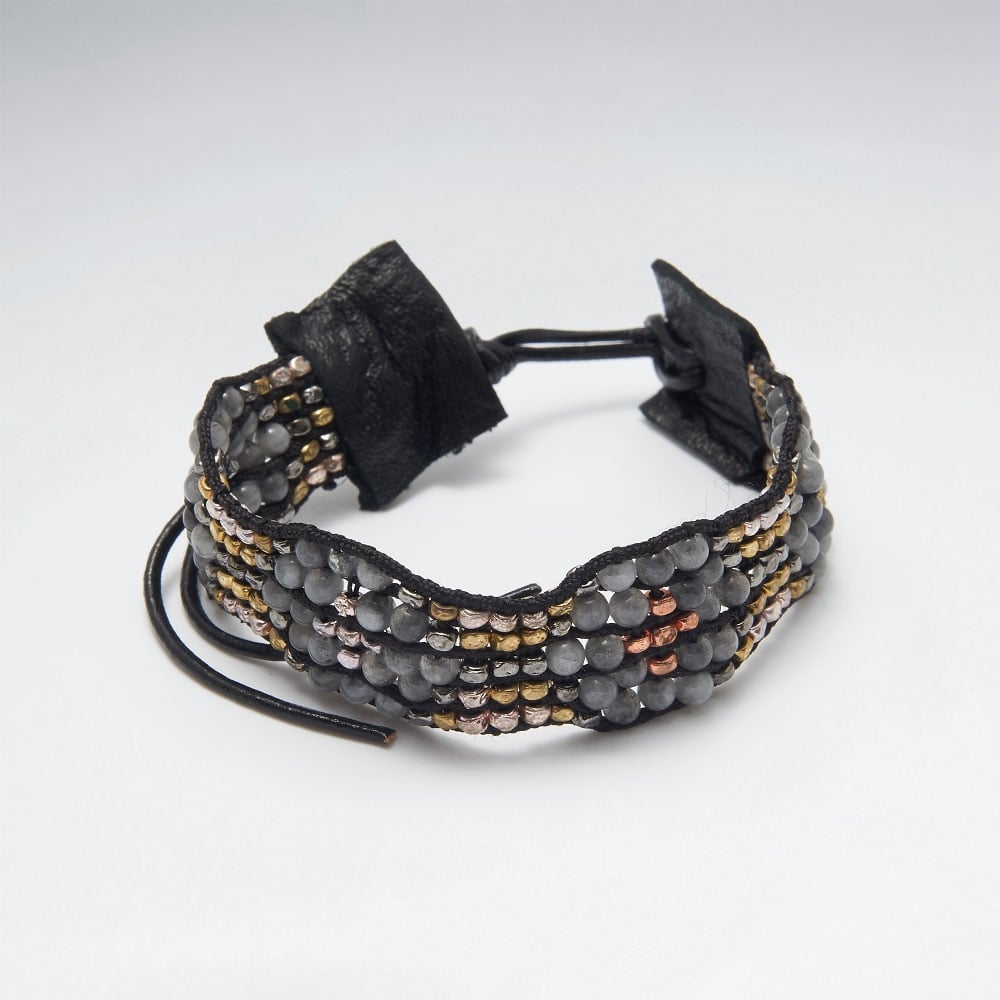 Leather Agate Floral Designs Beaded Bracelet