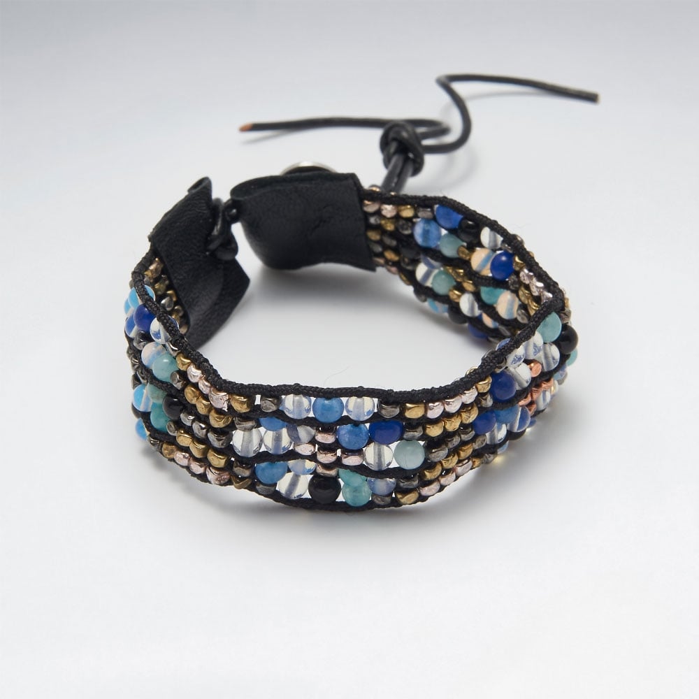Mixed Stone Beaded Flower Leather Bracelet