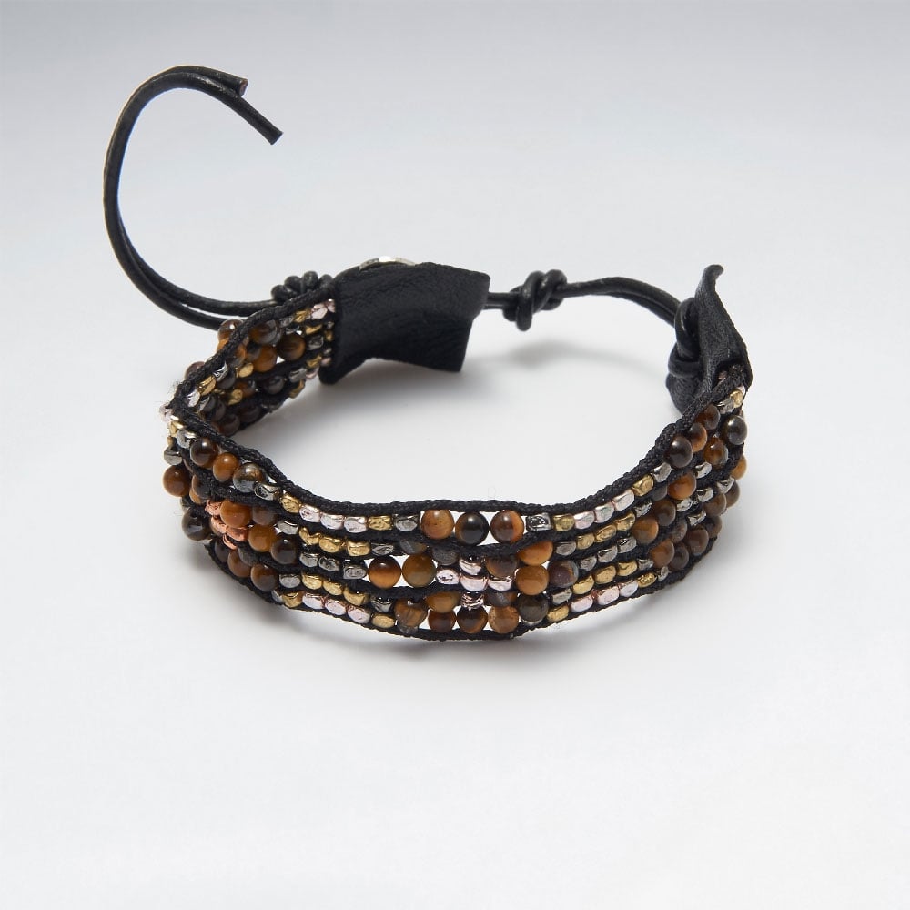 Leather Tiger Eye Floral Beaded Bracelet