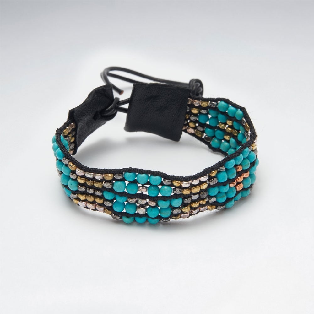 Leather & Turquoise Beaded Flower Bracelet