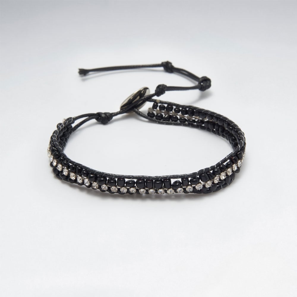 Nylon Crystal Black & Silver Beaded Bracelet