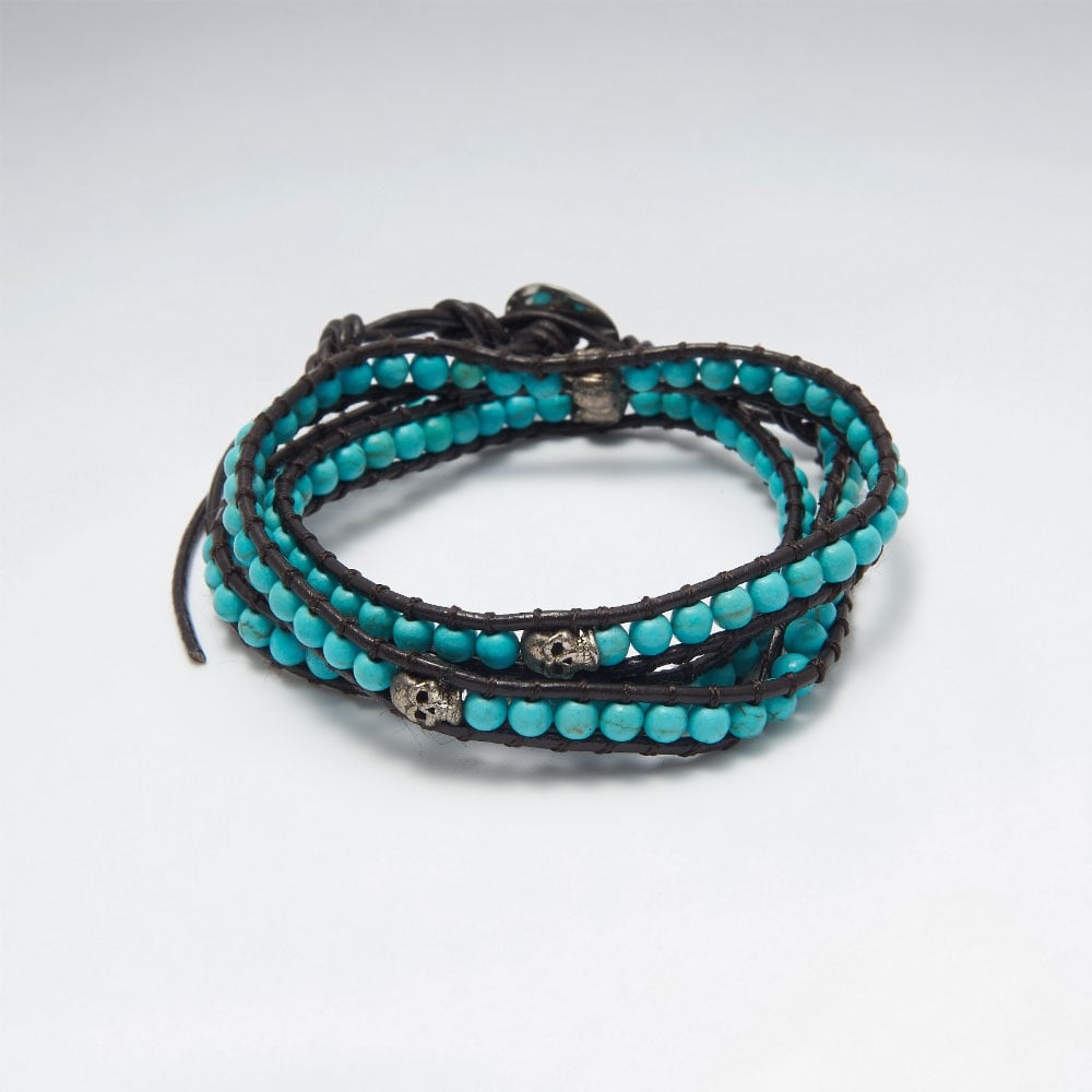 Leather Wrap Turquoise Bead Silver Studded Bracelet