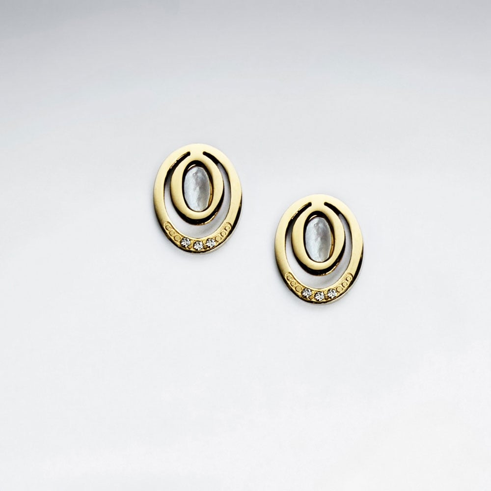 Stainless Steel Oval Imitation Shell With Crystal Stud Earring