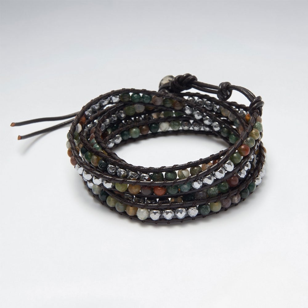 Organic Essence Mixed Bead Leather Multi-Wrap Bracelet