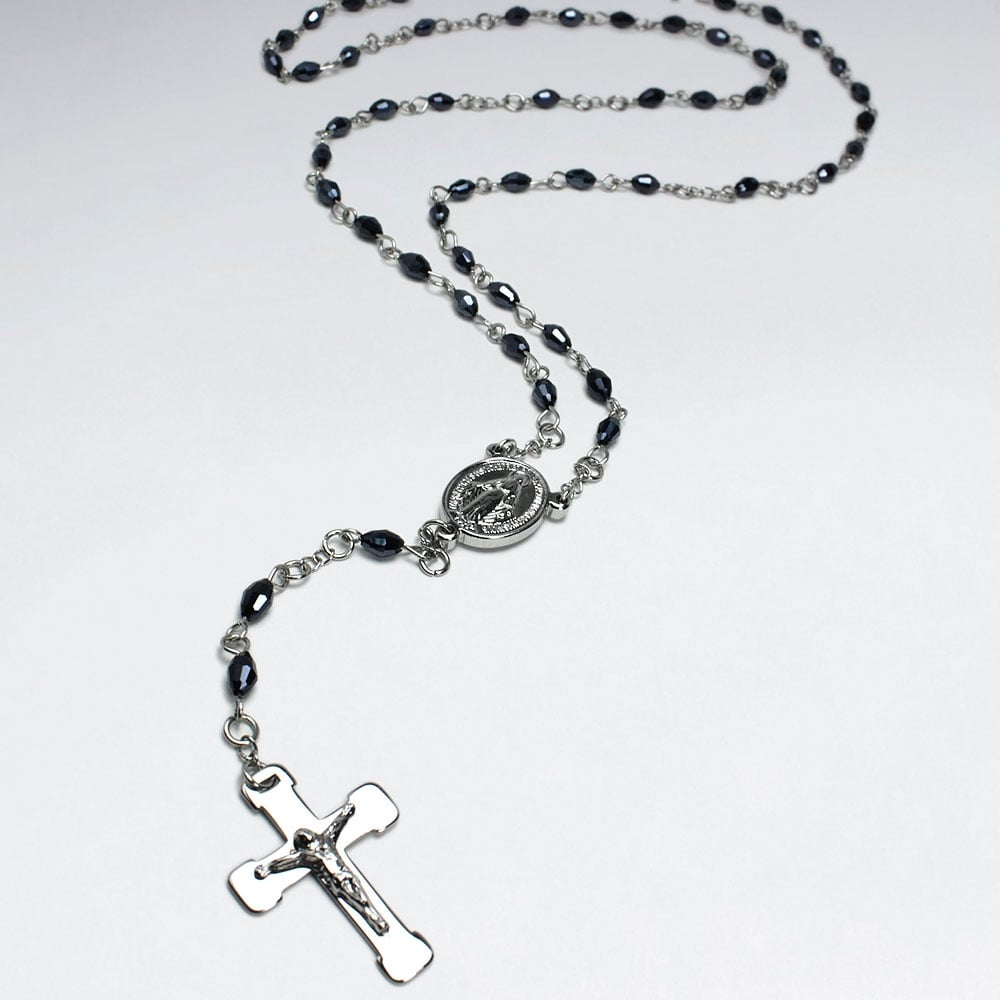 Stainless Steel Black Beaded Rosary Cross Necklace