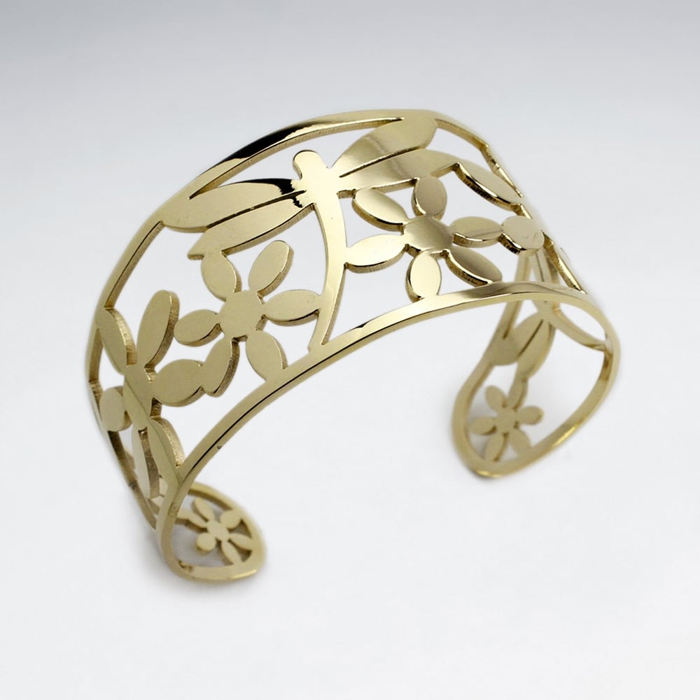 Stainless Steel Openwork Dragonfly Floral Bangle Bracelet