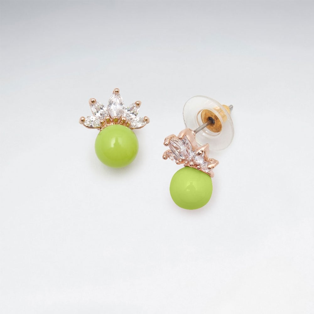 Brass Crowning Crystal Bead Stud Earrings