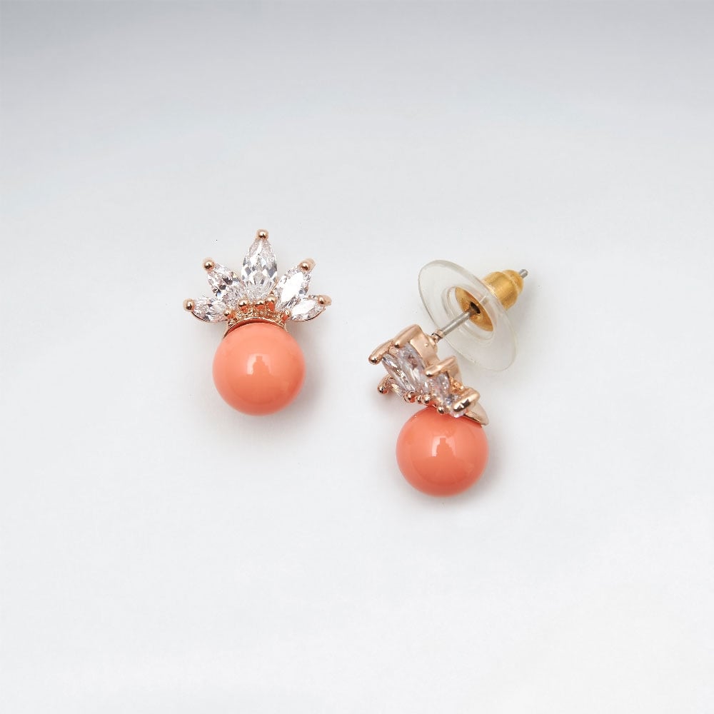 Brass Crowning Crystal Bead Stud Earrings