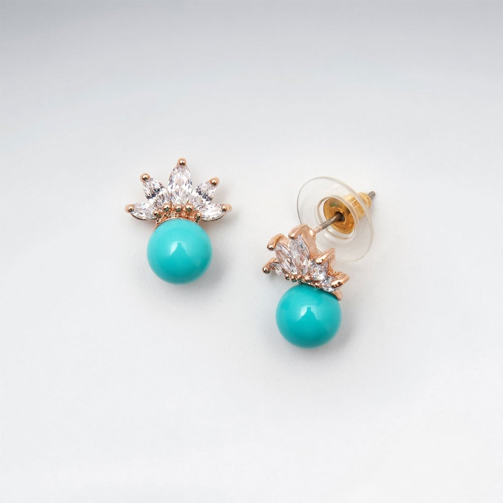 Brass Crowning Crystal Bead Stud Earrings
