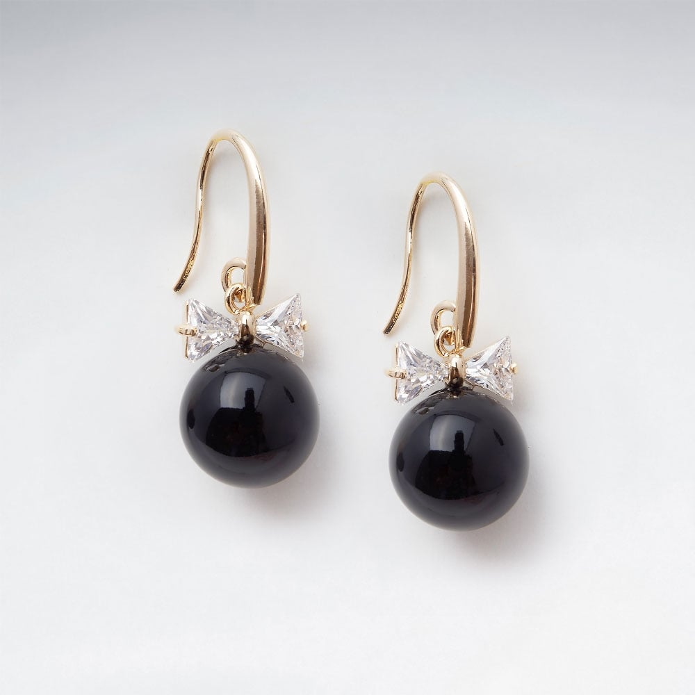 Brass Hook Crystal Bow Bead Earrings