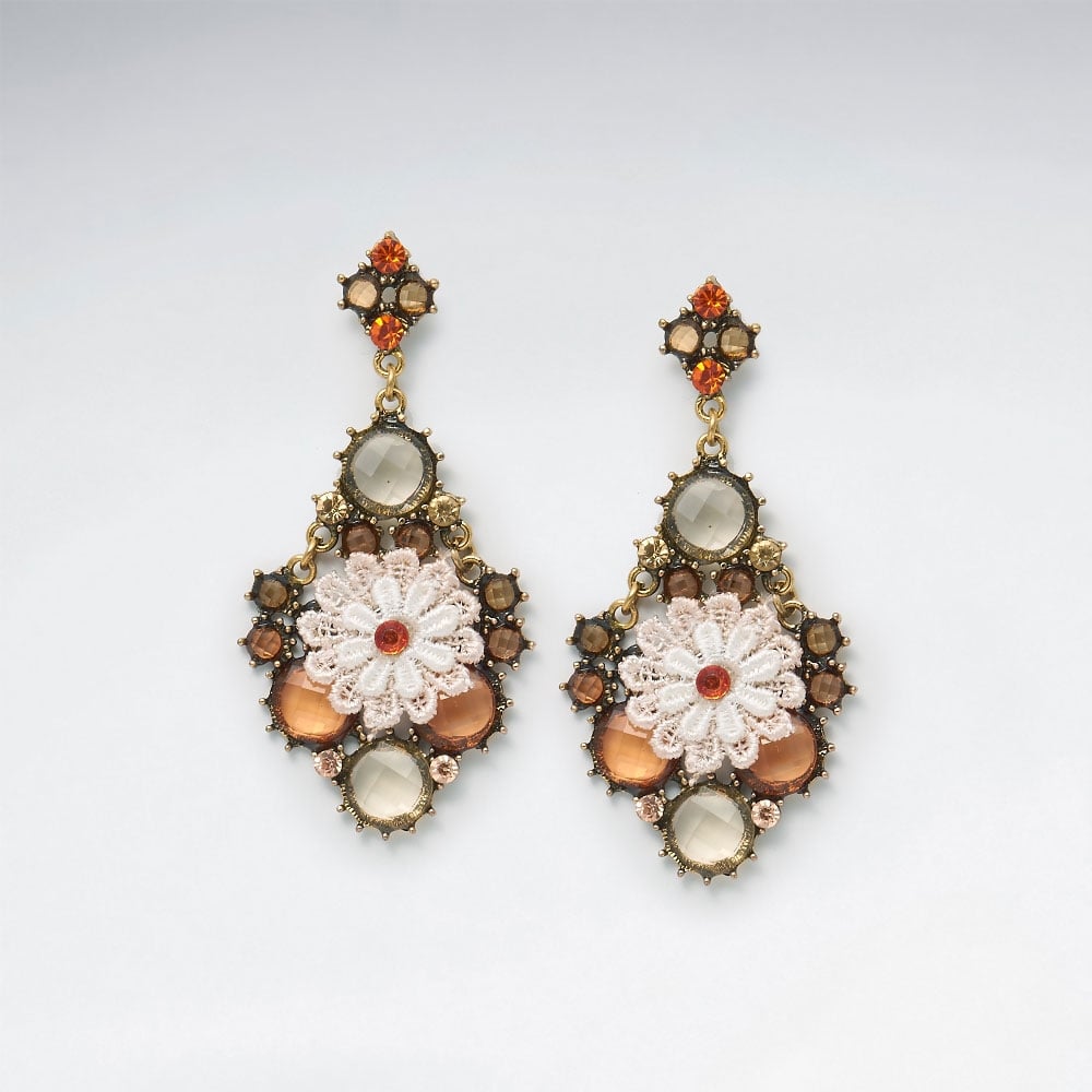 Nature's Brilliant Beauty Ornate Brass Mixed Color Crystal Flower Earring