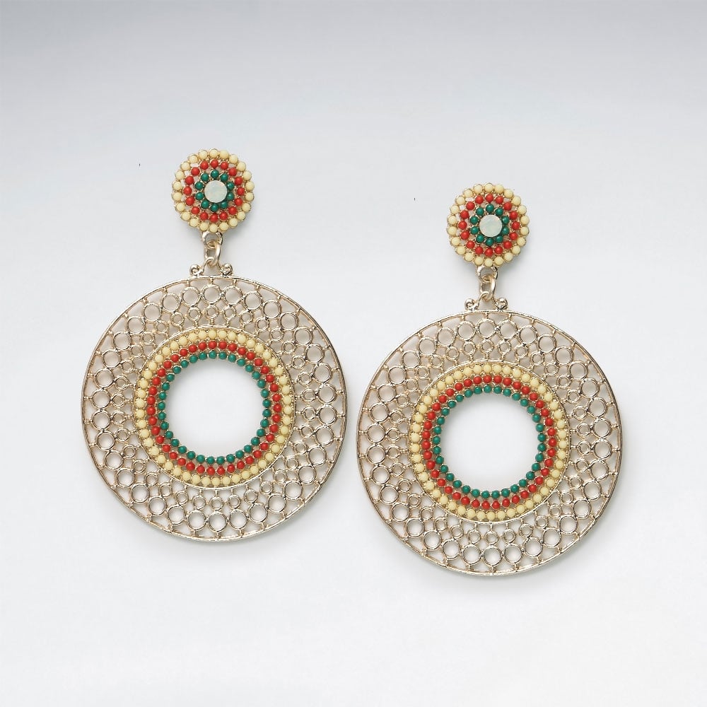Large Wirework Brass Circular Mixed Glass Bead Earrings