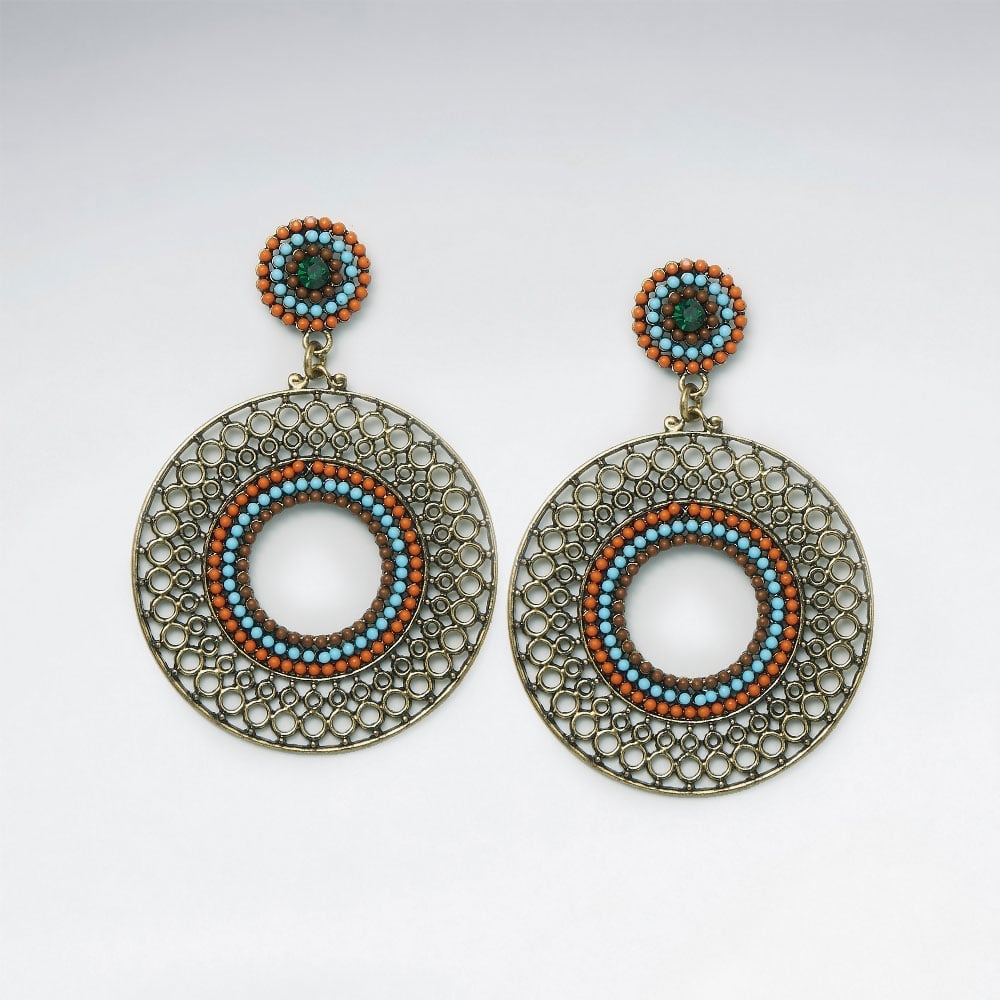 Large Wirework Brass Circular Mixed Glass Bead Earrings