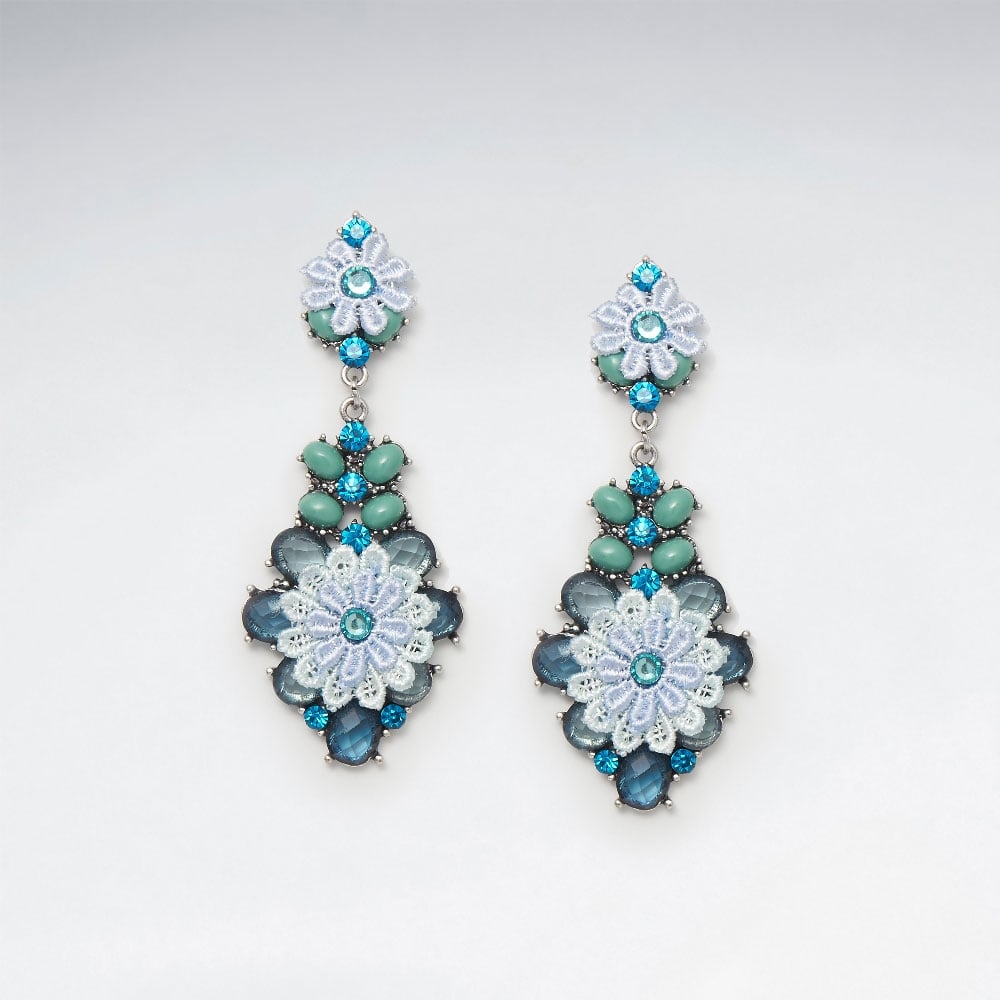 Brass Floral Blue Mixed Color Crystal Earring
