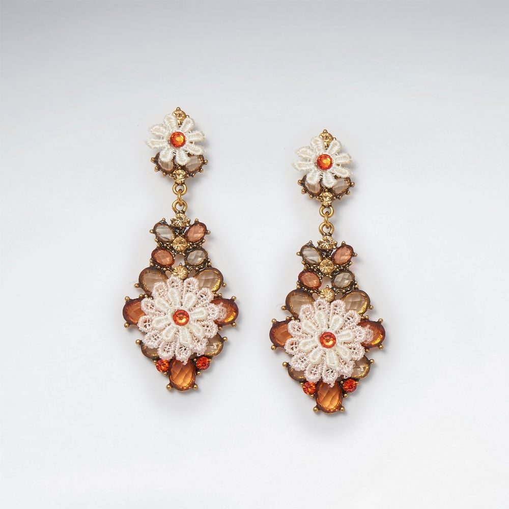 Brass Floral Blue Mixed Color Crystal Earring