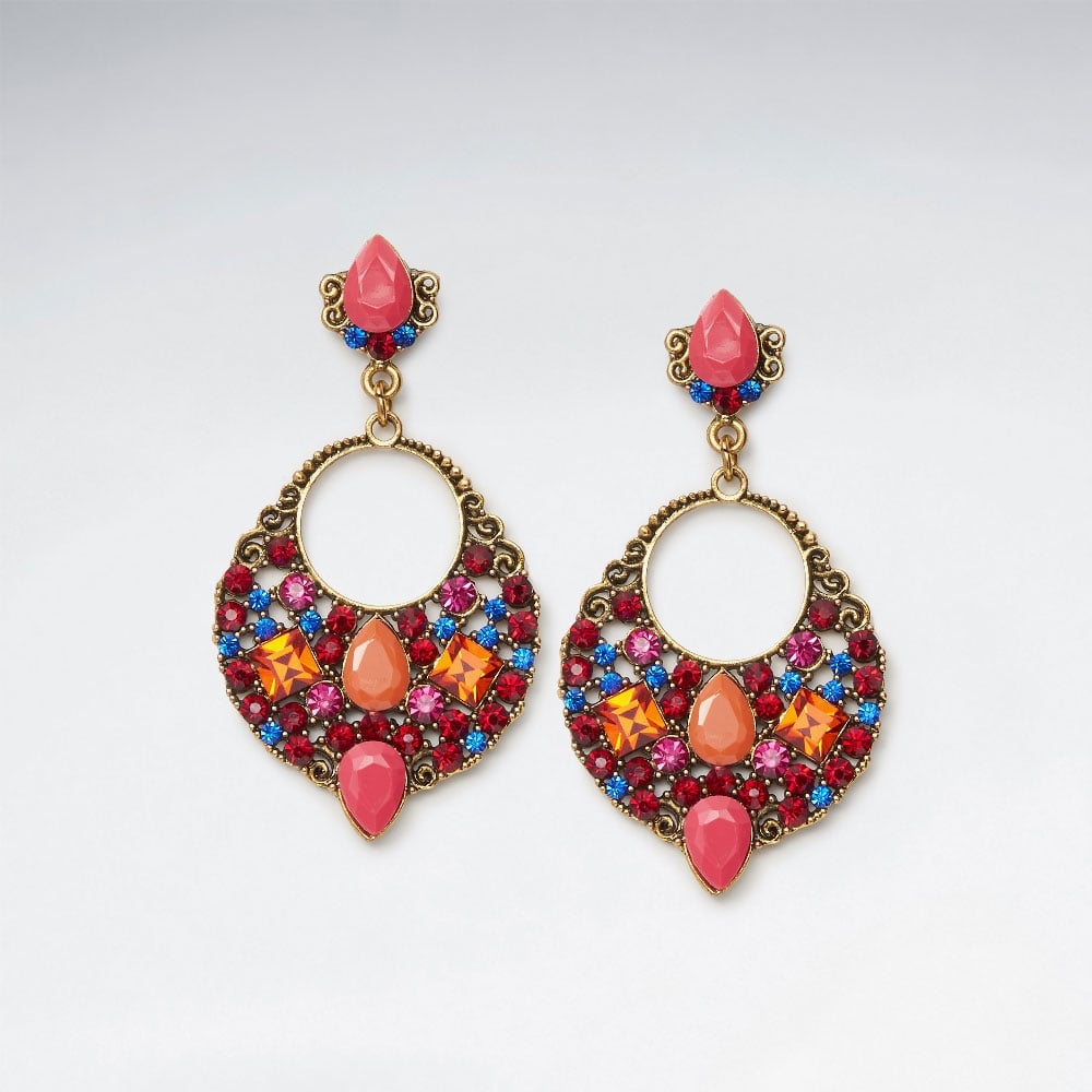 Elite Designs Circular Brass Mixed Crystal Dangle Earrings